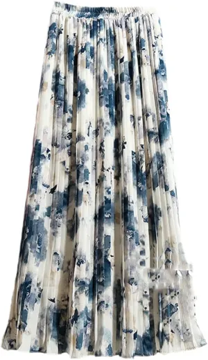 Women Chiffon Midi Pleated High Waist Skirts Floral Painting Printed Long Skirts