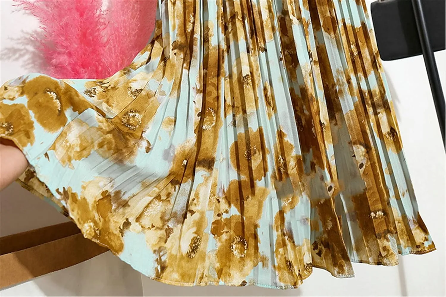 Women Chiffon Midi Pleated High Waist Skirts Floral Painting Printed Long Skirts