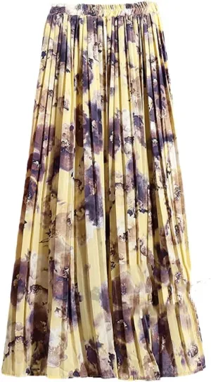 Women Chiffon Midi Pleated High Waist Skirts Floral Painting Printed Long Skirts