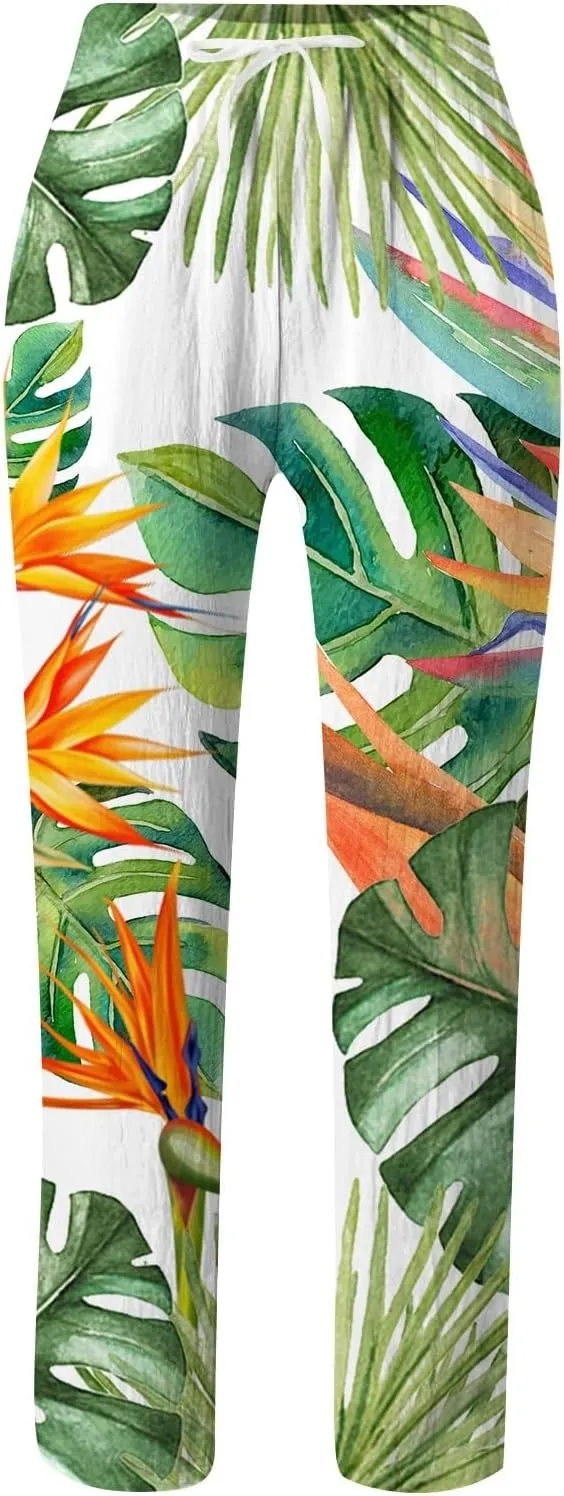 Women Cotton Linen Summer Trendy Pant Trousers Elastic Waisted Long Lounge Slim Fit Pants Beach