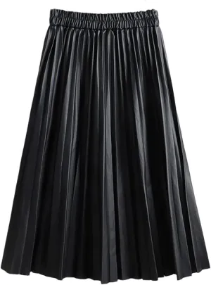 Women Faux Leather Midi Skirt Vintage A-Line High Waist Pleated Skirt Knee Length