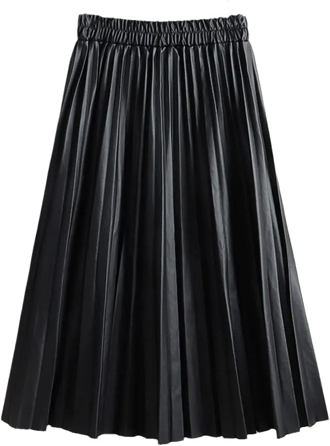 Women Faux Leather Midi Skirt Vintage A-Line High Waist Pleated Skirt Knee Length