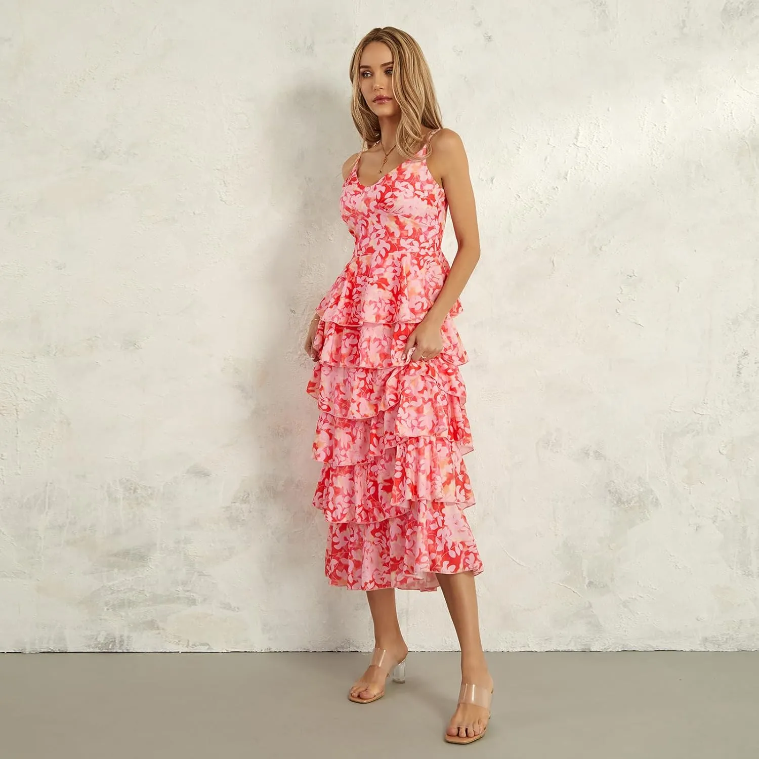 Women Floral Long Maxi Dress Sleeveless V Neck Tiered Ruffles Cami Dress Summer Casual Beach Party Sundress