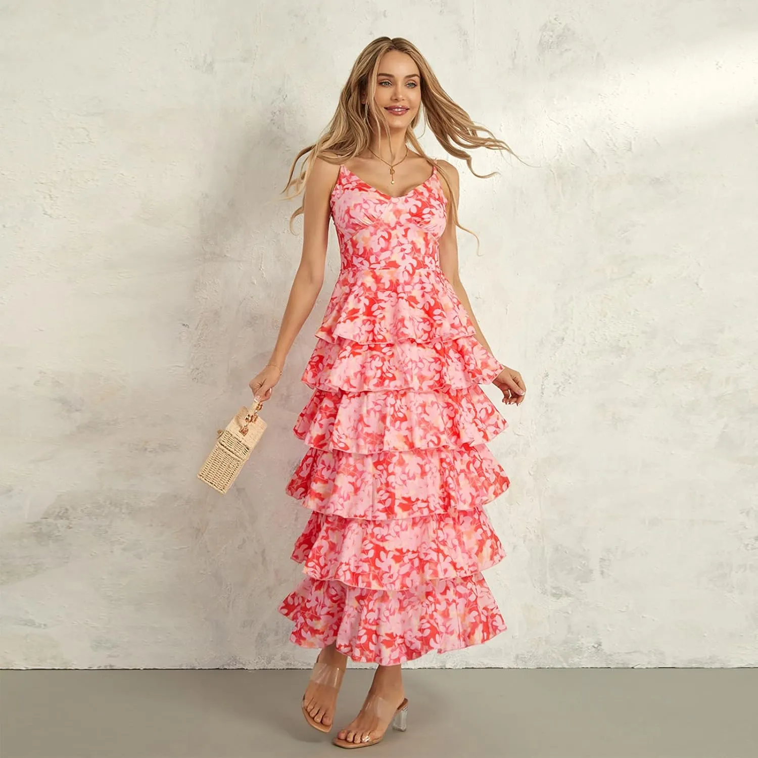 Women Floral Long Maxi Dress Sleeveless V Neck Tiered Ruffles Cami Dress Summer Casual Beach Party Sundress