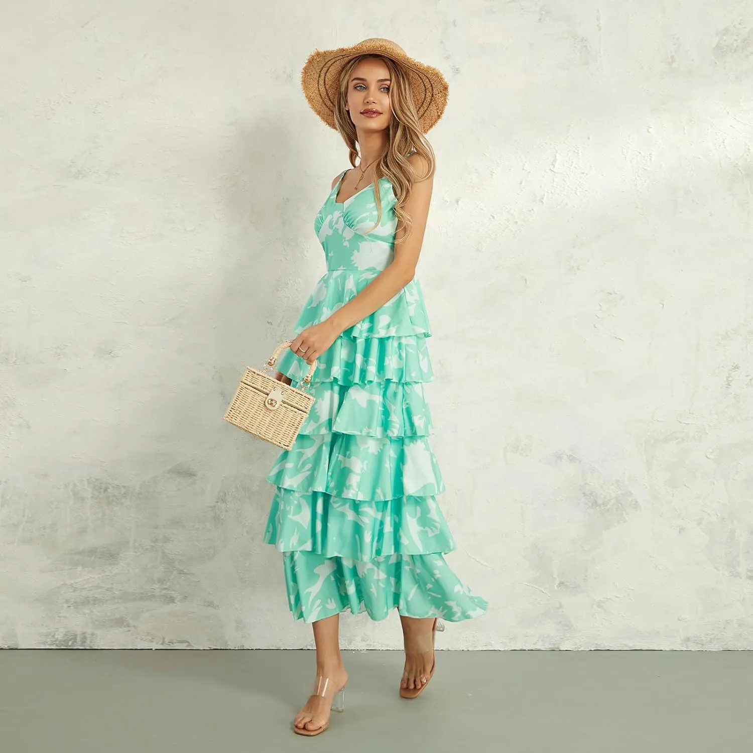 Women Floral Long Maxi Dress Sleeveless V Neck Tiered Ruffles Cami Dress Summer Casual Beach Party Sundress