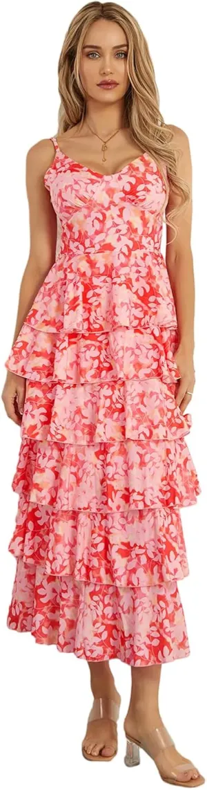 Women Floral Long Maxi Dress Sleeveless V Neck Tiered Ruffles Cami Dress Summer Casual Beach Party Sundress