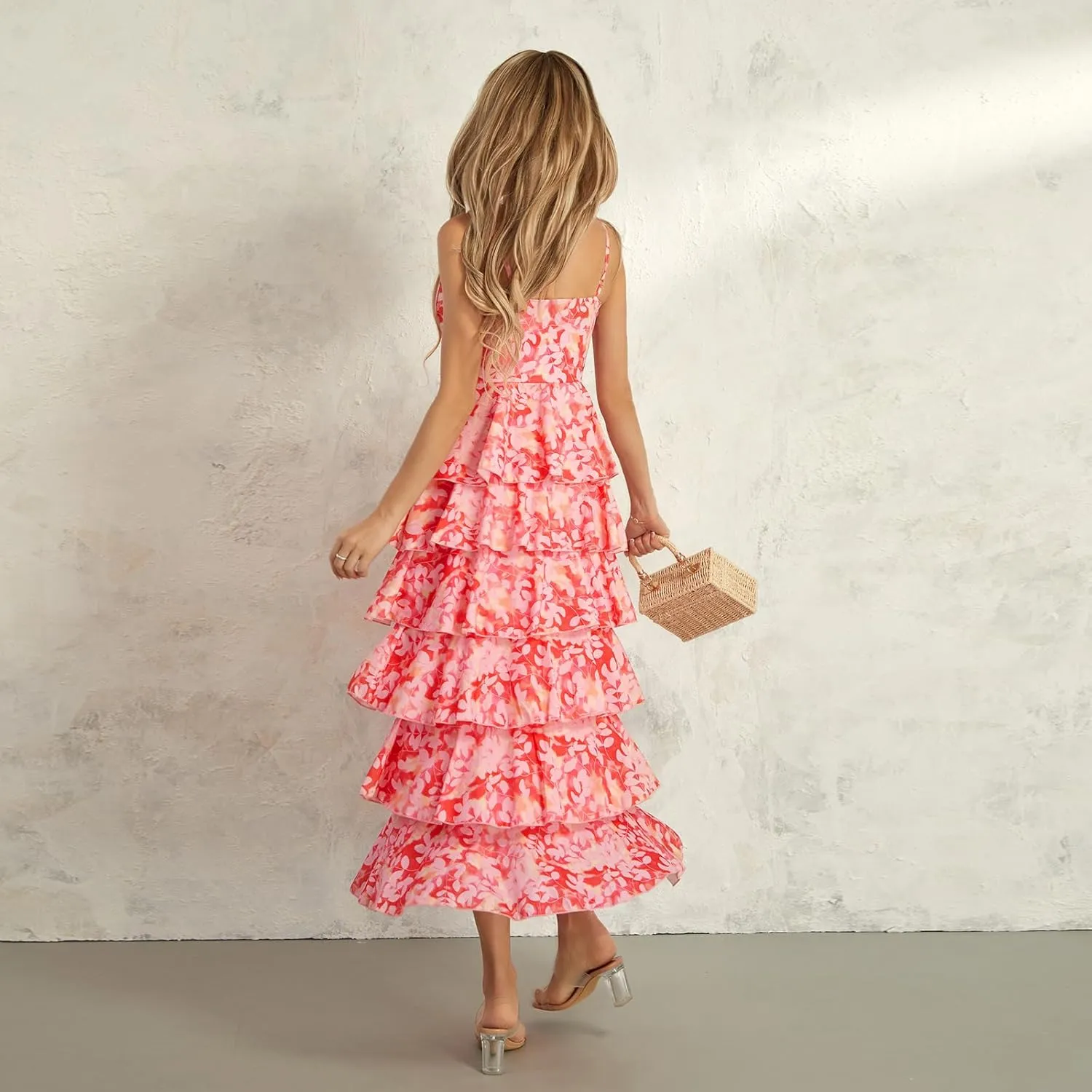 Women Floral Long Maxi Dress Sleeveless V Neck Tiered Ruffles Cami Dress Summer Casual Beach Party Sundress