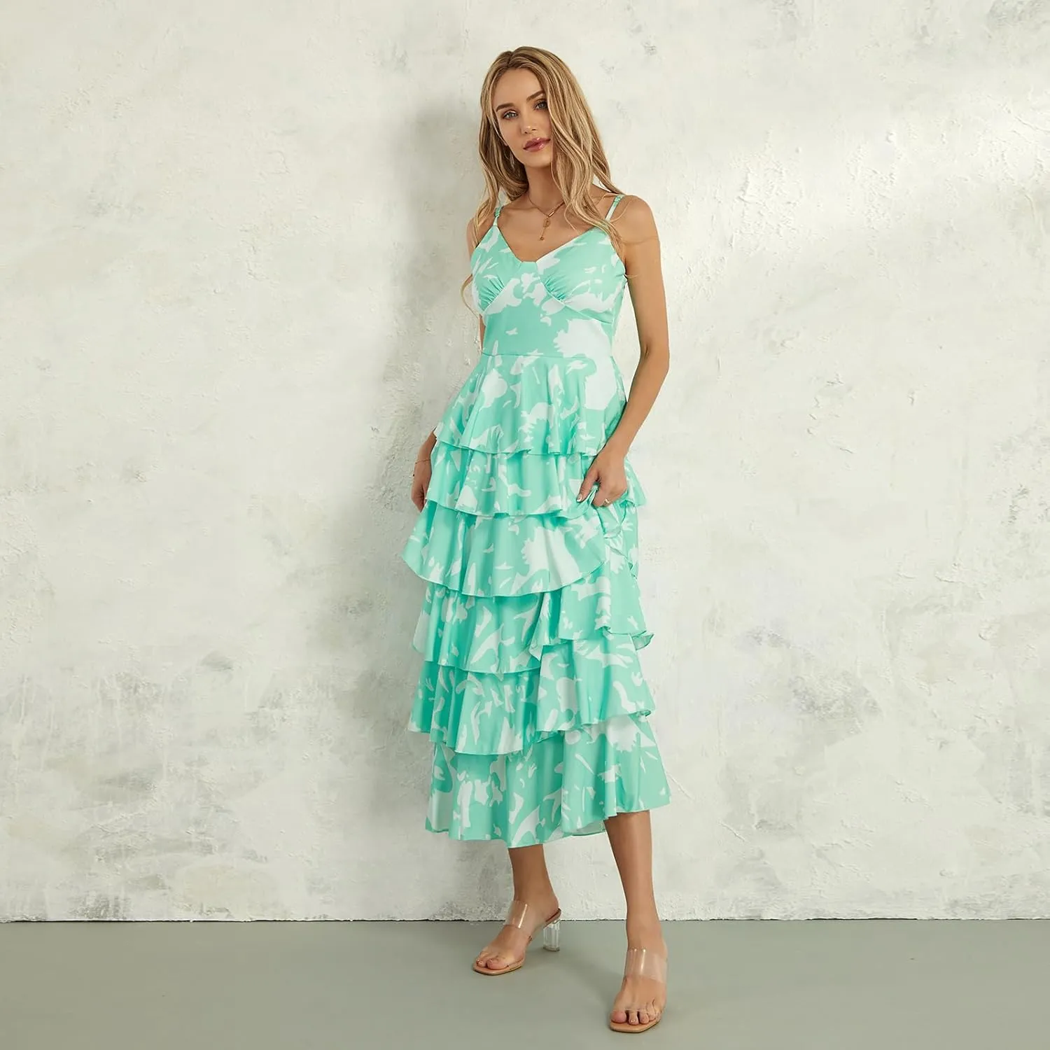 Women Floral Long Maxi Dress Sleeveless V Neck Tiered Ruffles Cami Dress Summer Casual Beach Party Sundress