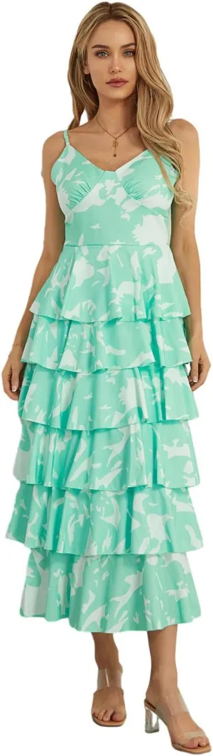 Women Floral Long Maxi Dress Sleeveless V Neck Tiered Ruffles Cami Dress Summer Casual Beach Party Sundress