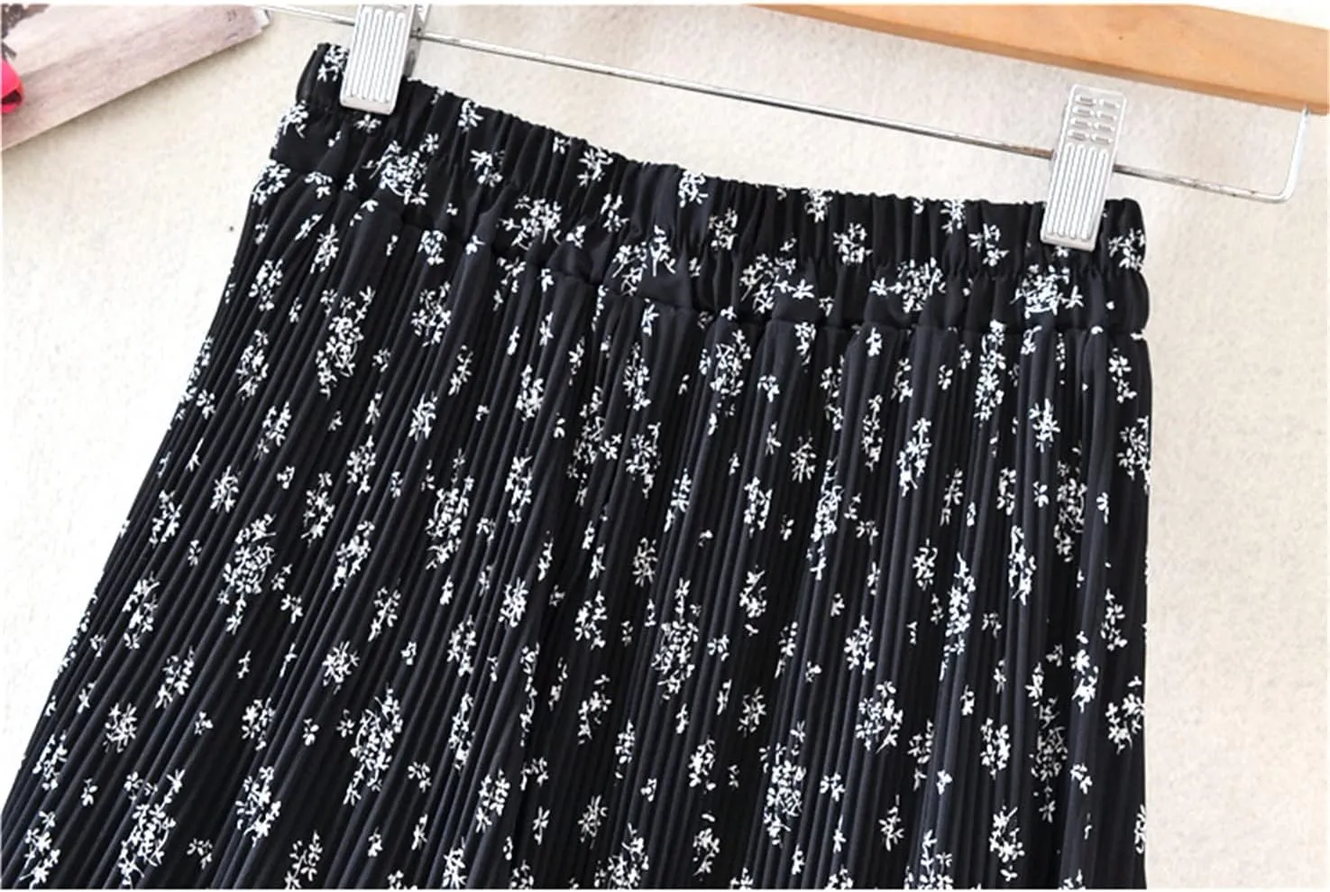 Women Floral Print Chiffon Midi Long Skirt Tiered A Line High Waist Pleated Mid-Length Skirt