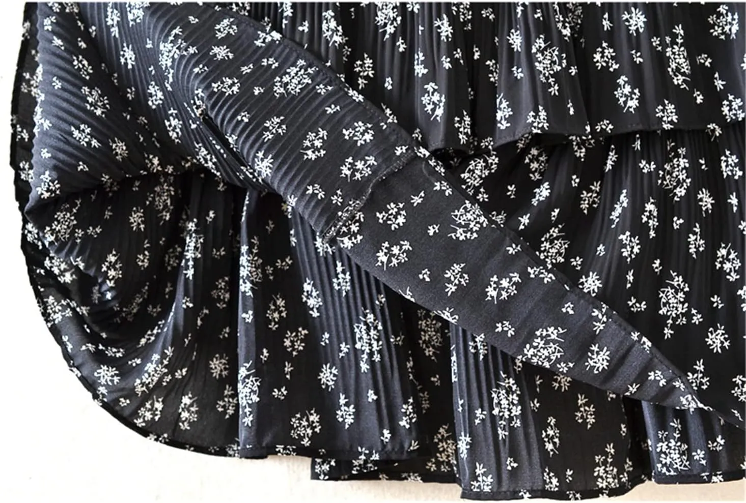 Women Floral Print Chiffon Midi Long Skirt Tiered A Line High Waist Pleated Mid-Length Skirt