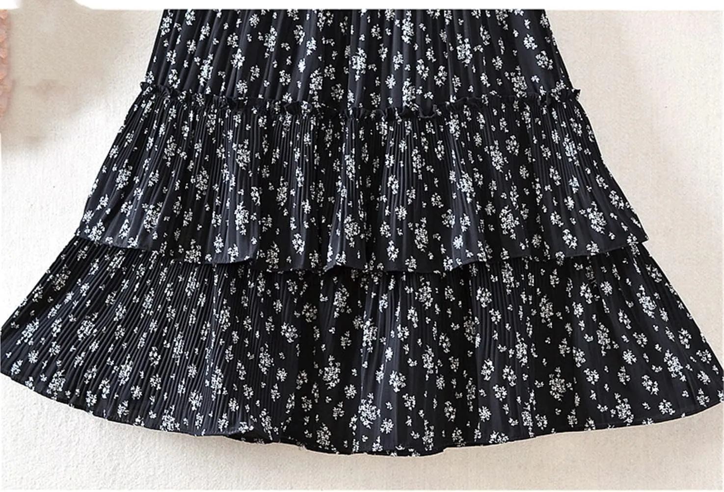 Women Floral Print Chiffon Midi Long Skirt Tiered A Line High Waist Pleated Mid-Length Skirt