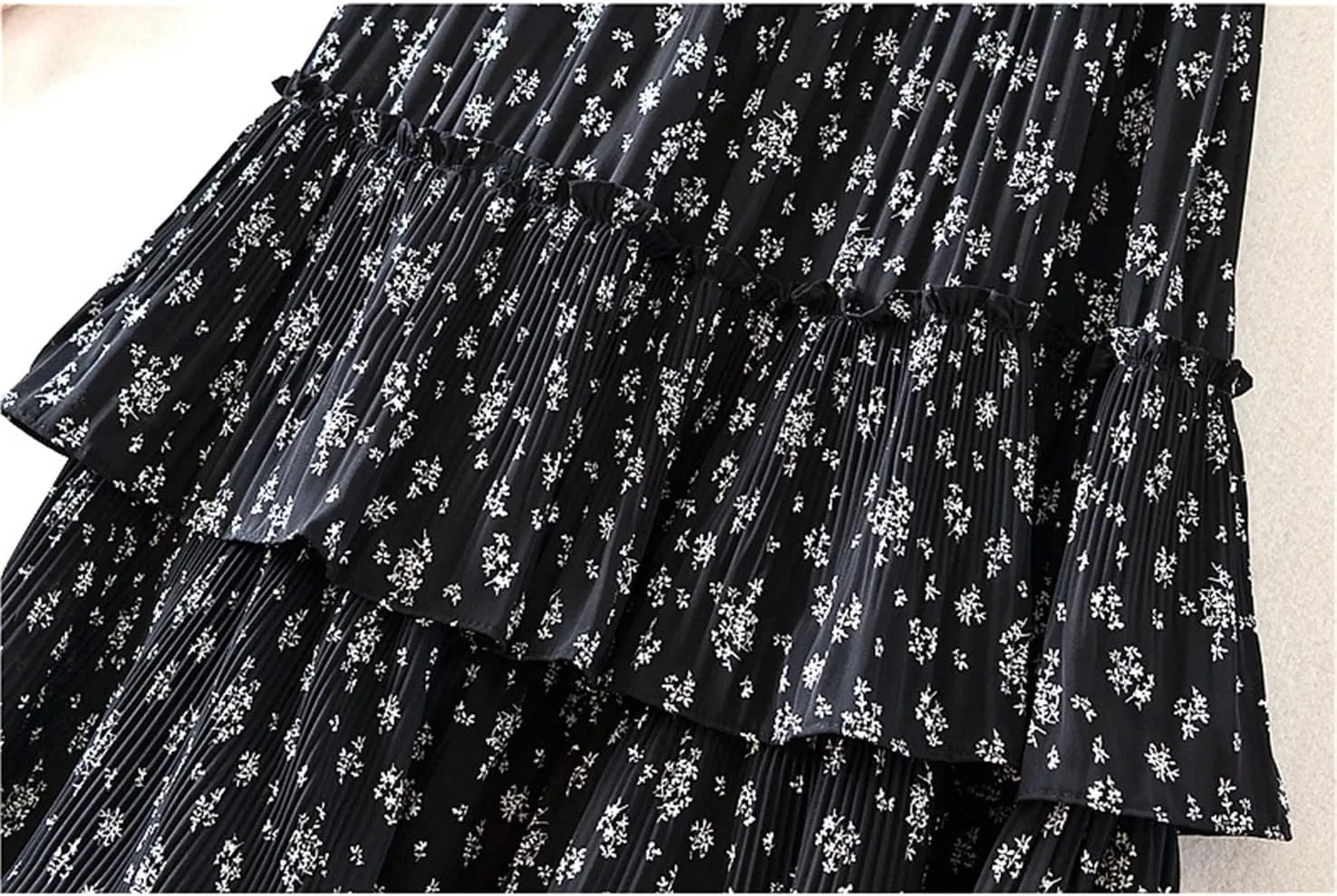 Women Floral Print Chiffon Midi Long Skirt Tiered A Line High Waist Pleated Mid-Length Skirt