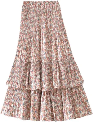 Women Floral Print Chiffon Midi Long Skirt Tiered A Line High Waist Pleated Mid-Length Skirt