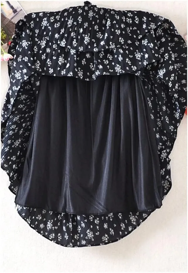 Women Floral Print Chiffon Midi Long Skirt Tiered A Line High Waist Pleated Mid-Length Skirt