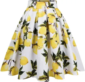 Women Gothic Floral Printed Pleated Skirt Summer High Waist Korean Harajuku Japanese Pinup Retro Vintage Midi Skirts White Lemon N XXL