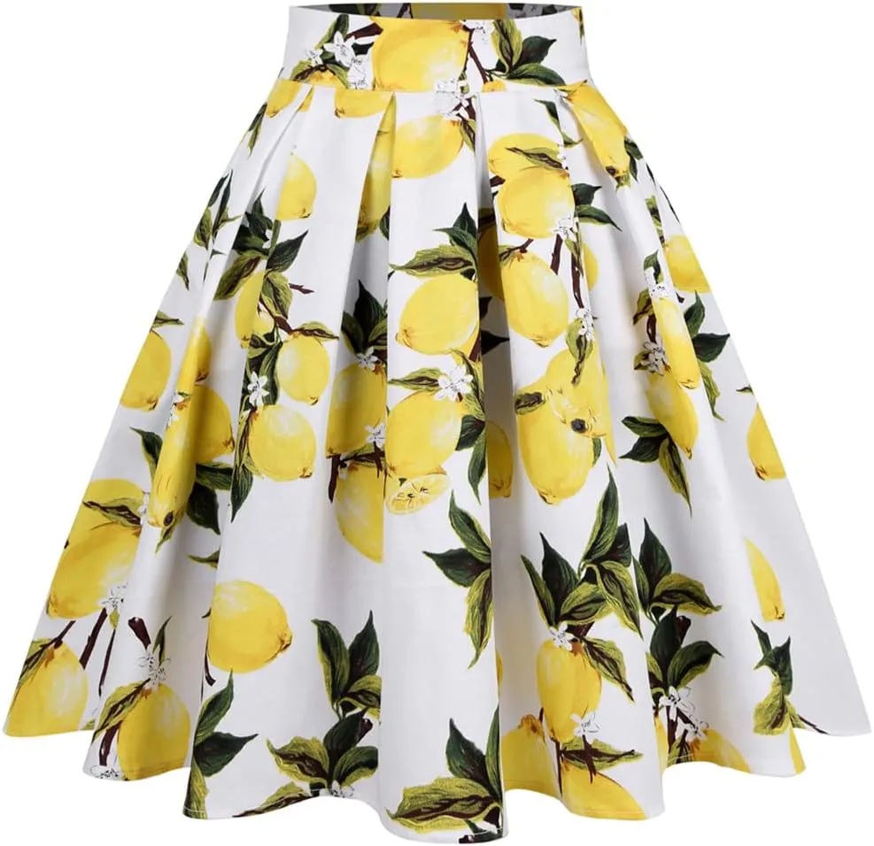 Women Gothic Floral Printed Pleated Skirt Summer High Waist Korean Harajuku Japanese Pinup Retro Vintage Midi Skirts White Lemon N XXL