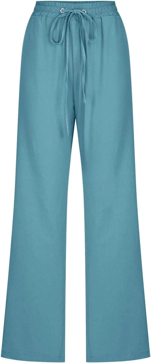 Women High Waist Cotton Linen Pants Straight Leg Casual Pants Loose Summer Beach Lightweight Drawstring Trousers with Pockets