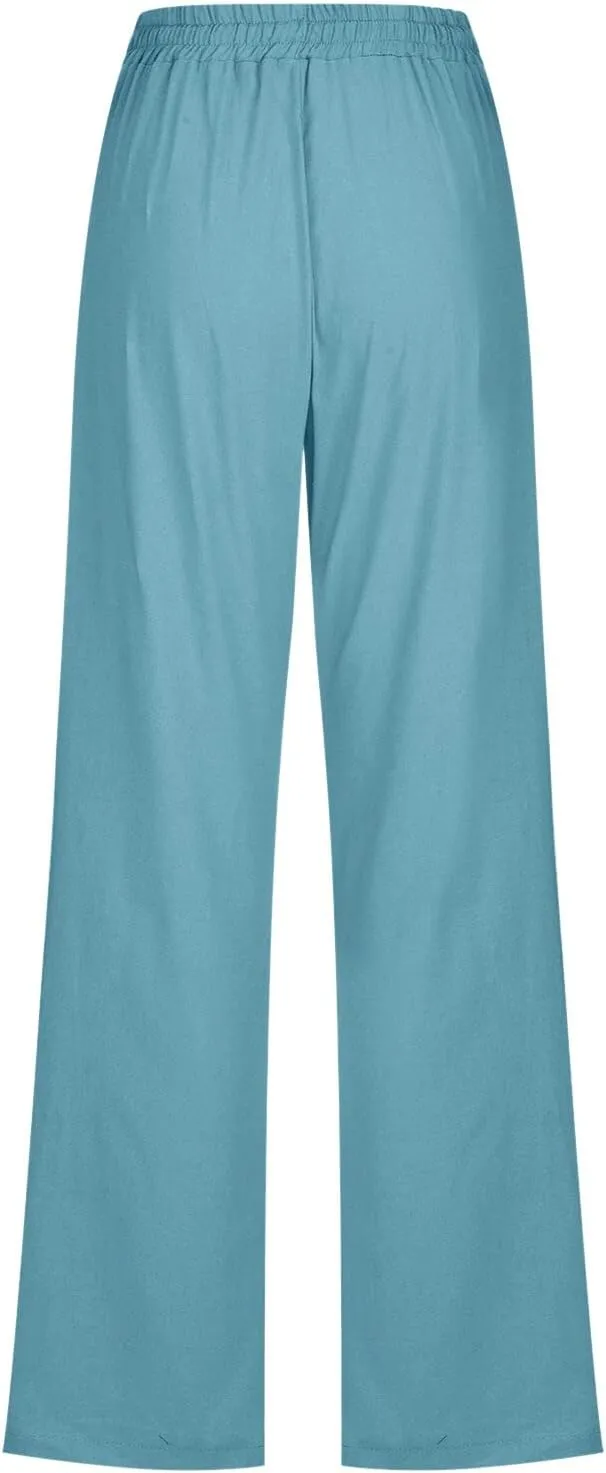 Women High Waist Cotton Linen Pants Straight Leg Casual Pants Loose Summer Beach Lightweight Drawstring Trousers with Pockets