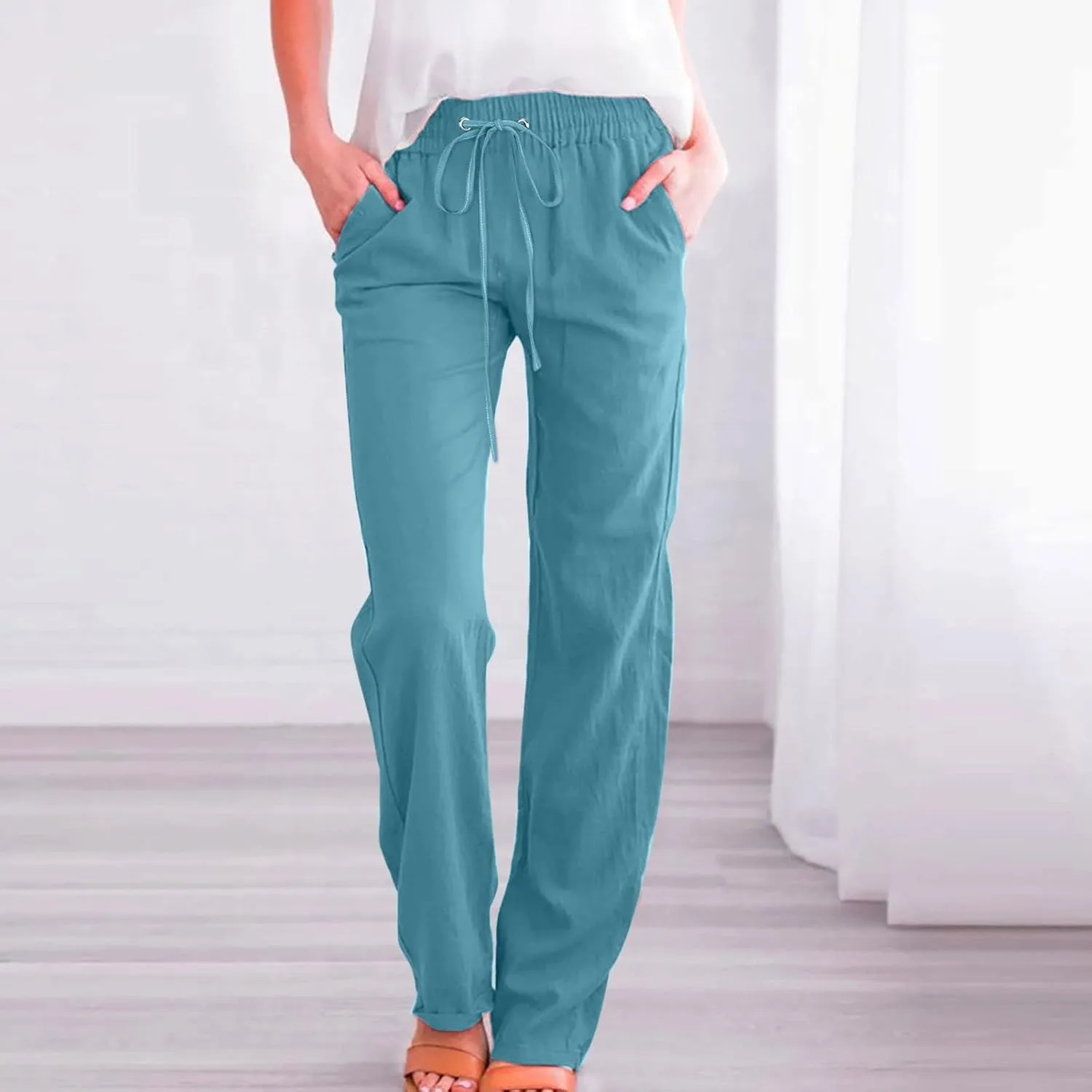 Women High Waist Cotton Linen Pants Straight Leg Casual Pants Loose Summer Beach Lightweight Drawstring Trousers with Pockets