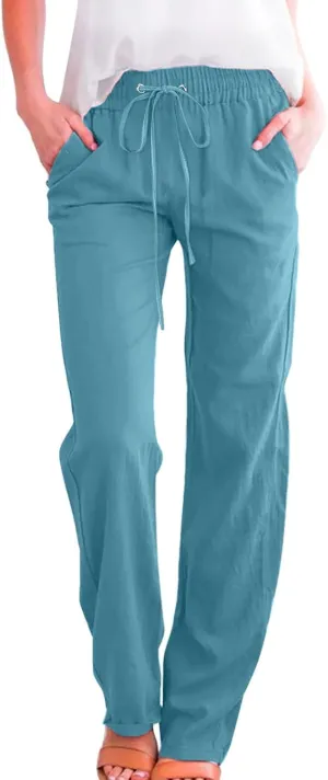 Women High Waist Cotton Linen Pants Straight Leg Casual Pants Loose Summer Beach Lightweight Drawstring Trousers with Pockets