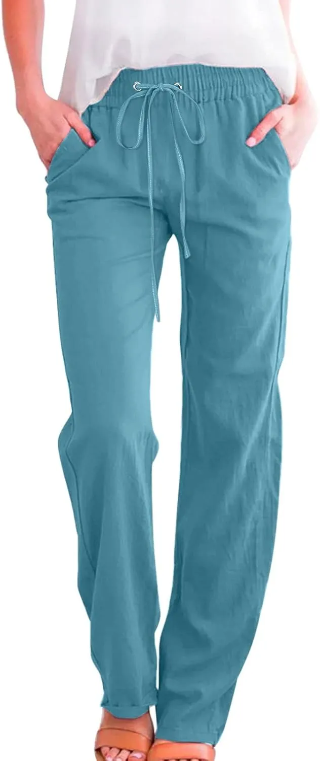 Women High Waist Cotton Linen Pants Straight Leg Casual Pants Loose Summer Beach Lightweight Drawstring Trousers with Pockets