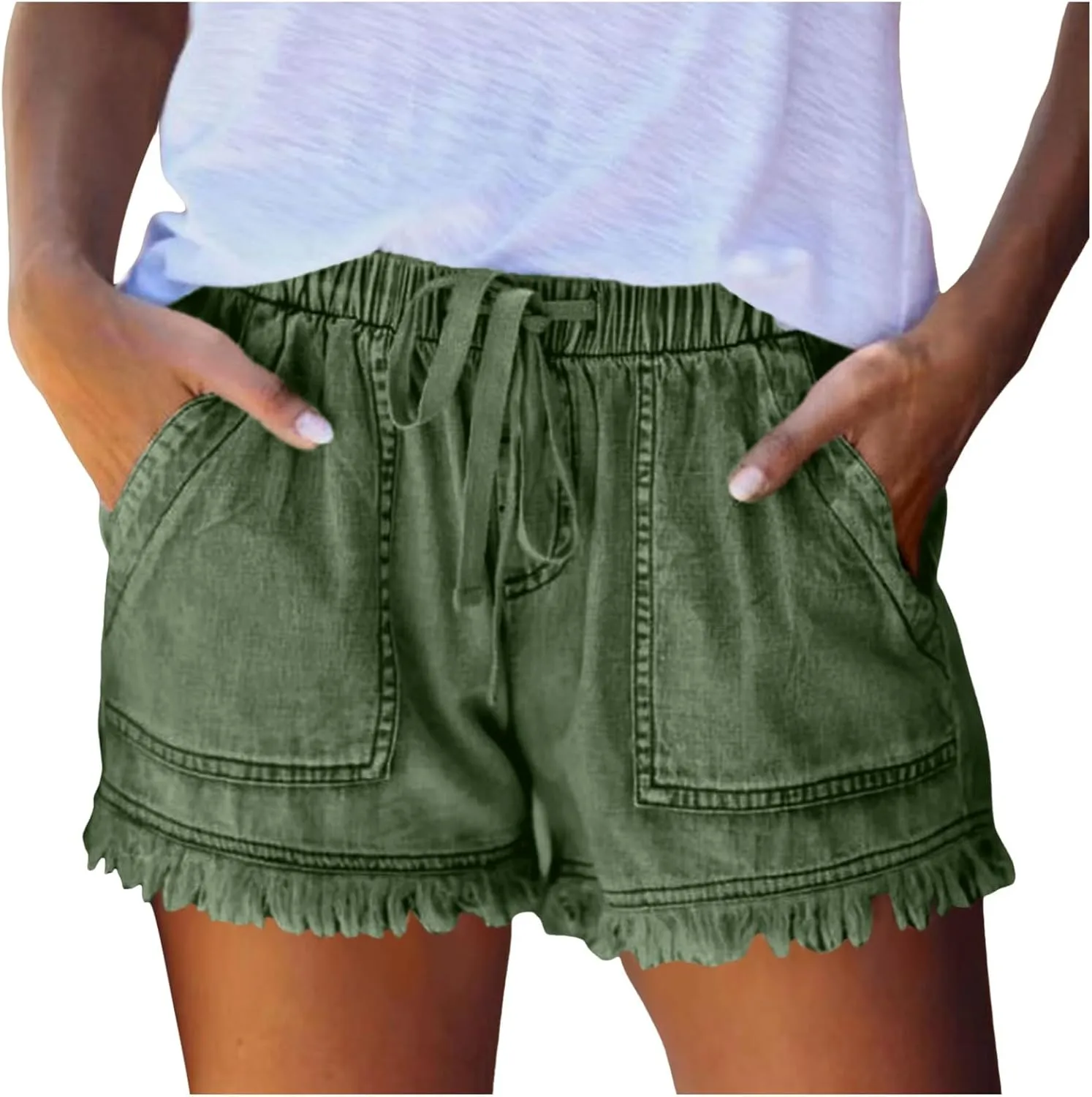 Women Jean Shorts Button Drawstring High Waisted Trendy Vintage Frayed Raw Hem Distressed Denim Short with Pockets