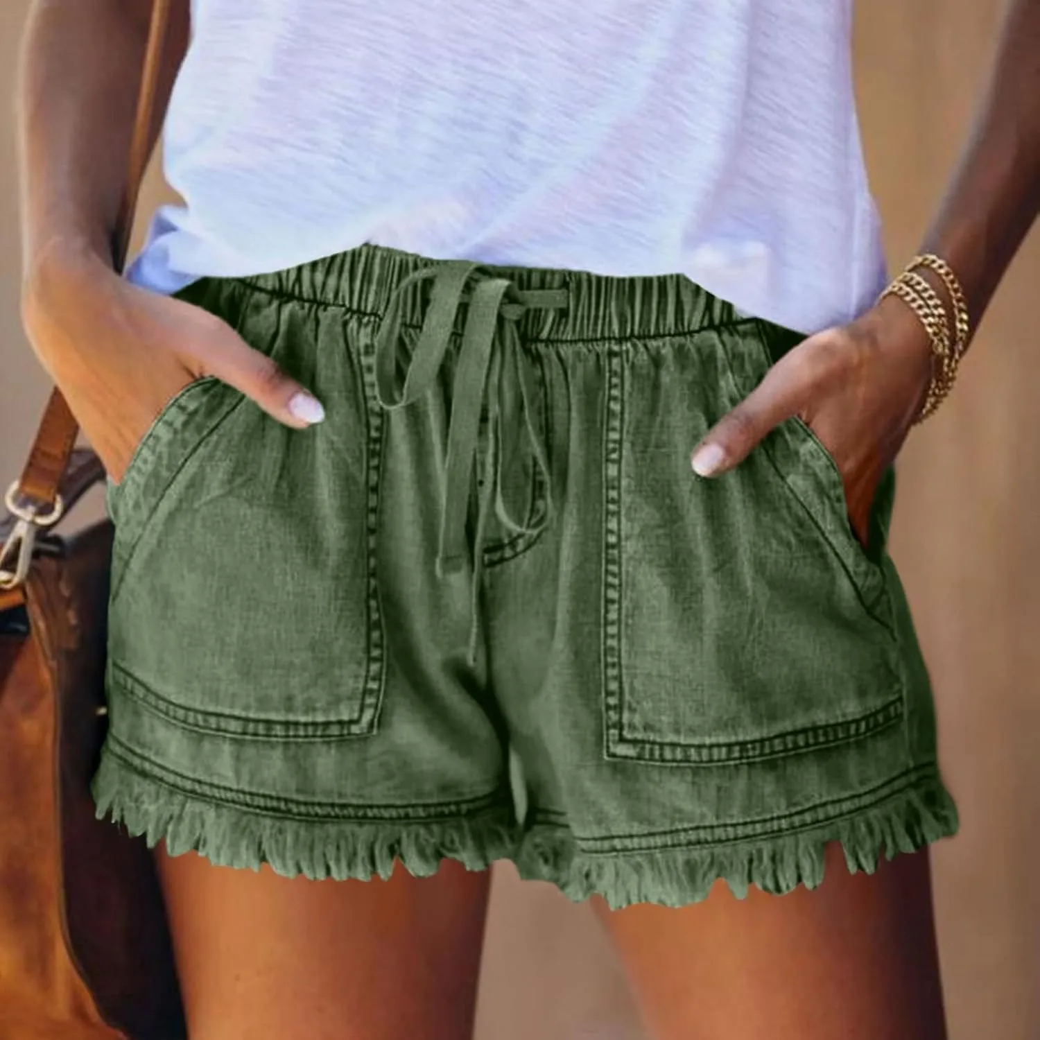 Women Jean Shorts Button Drawstring High Waisted Trendy Vintage Frayed Raw Hem Distressed Denim Short with Pockets