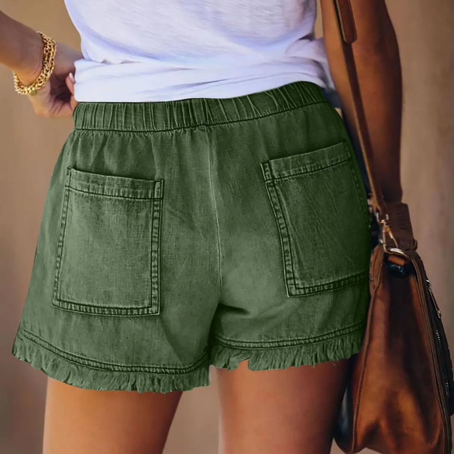 Women Jean Shorts Button Drawstring High Waisted Trendy Vintage Frayed Raw Hem Distressed Denim Short with Pockets