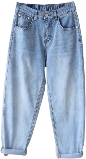 Women Jeans Spring Autumn Elastic Waist Blue Loose Denim Pants Harem Female Casual Trousers