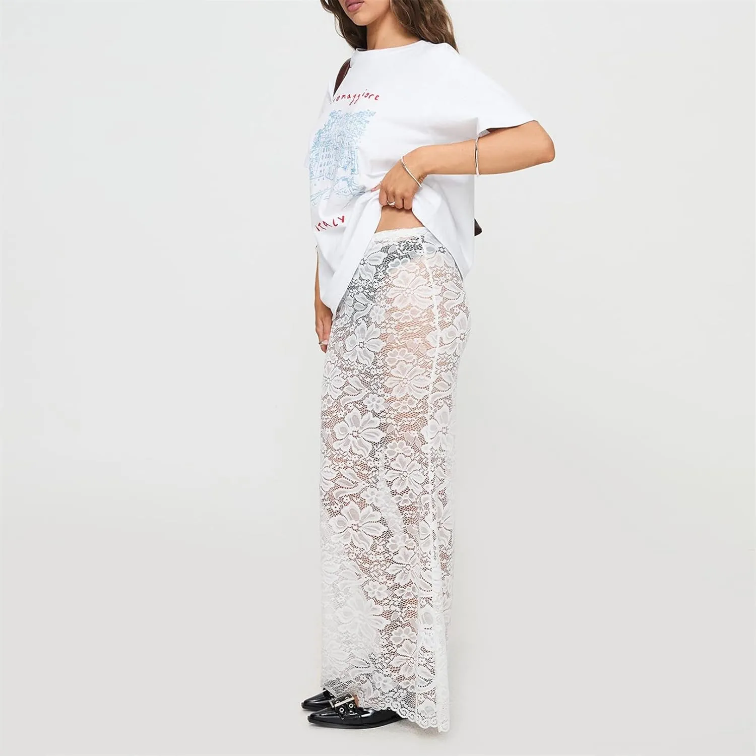 Women Lace Maxi Skirt Y2K Sexy Low Waist Sheer Mesh A-Line Long Skirt Slim Fit Floral Beach Cover Up Fairy Streatwear