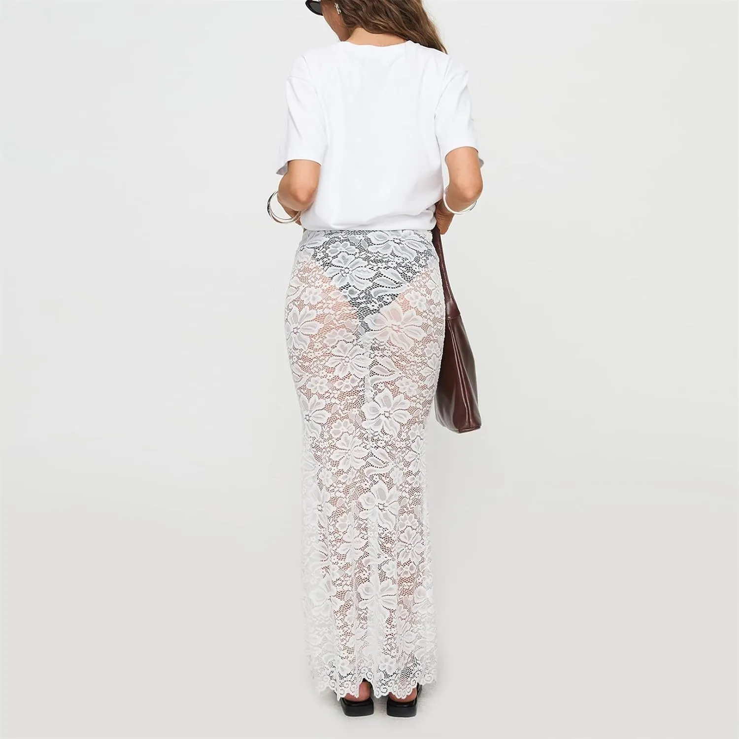 Women Lace Maxi Skirt Y2K Sexy Low Waist Sheer Mesh A-Line Long Skirt Slim Fit Floral Beach Cover Up Fairy Streatwear