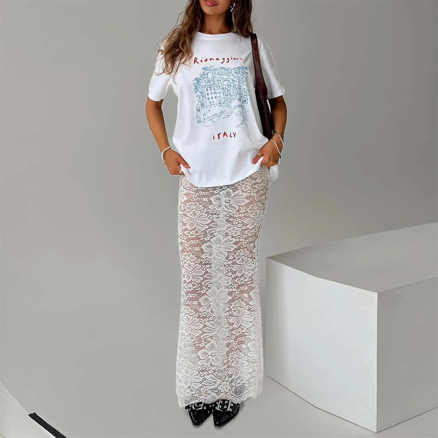 Women Lace Maxi Skirt Y2K Sexy Low Waist Sheer Mesh A-Line Long Skirt Slim Fit Floral Beach Cover Up Fairy Streatwear