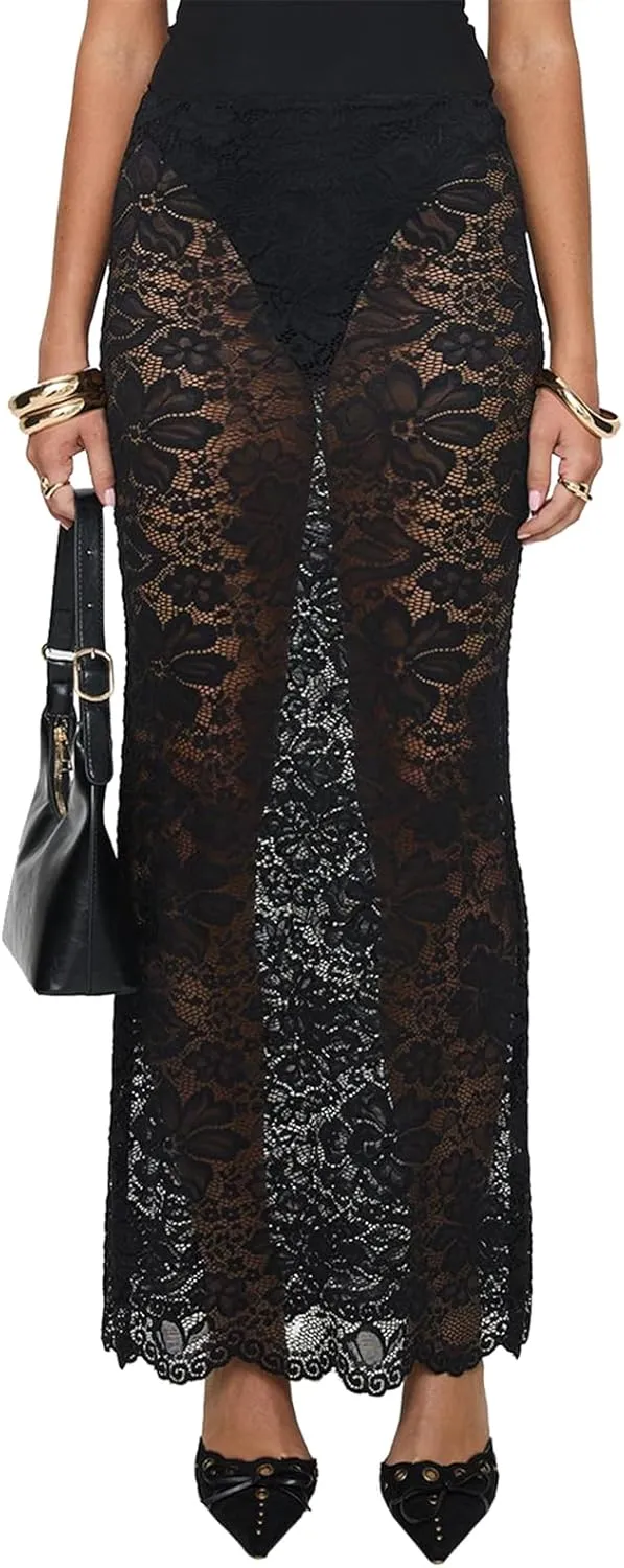 Women Lace Maxi Skirt Y2K Sexy Low Waist Sheer Mesh A-Line Long Skirt Slim Fit Floral Beach Cover Up Fairy Streatwear