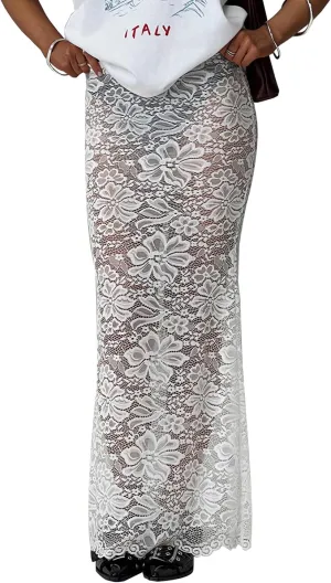 Women Lace Maxi Skirt Y2K Sexy Low Waist Sheer Mesh A-Line Long Skirt Slim Fit Floral Beach Cover Up Fairy Streatwear