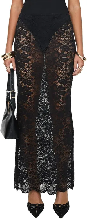 Women Lace Maxi Skirt Y2K Sexy Low Waist Sheer Mesh A-Line Long Skirt Slim Fit Floral Beach Cover Up Fairy Streatwear