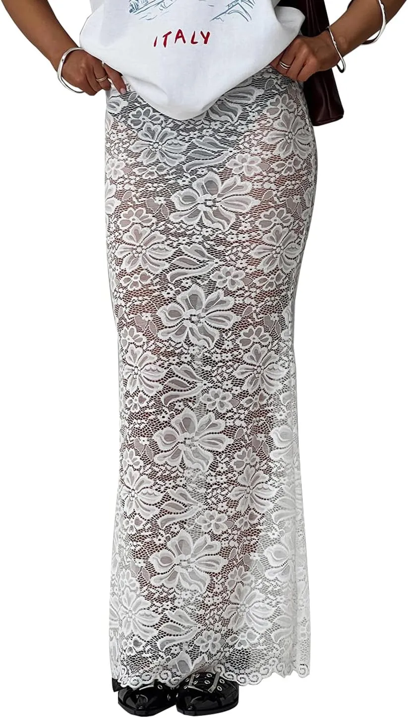 Women Lace Maxi Skirt Y2K Sexy Low Waist Sheer Mesh A-Line Long Skirt Slim Fit Floral Beach Cover Up Fairy Streatwear