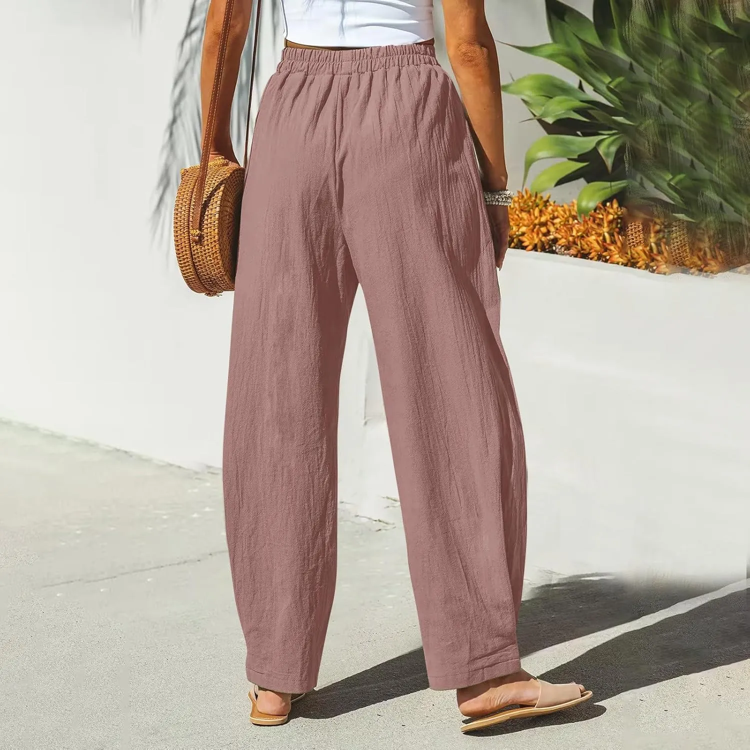 Women Linen Palazzo Pants Summer Boho Wide Leg High Waist Drawstring Casual High Waist Lounge Pant Trousers Pockets