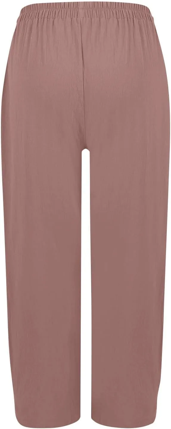 Women Linen Palazzo Pants Summer Boho Wide Leg High Waist Drawstring Casual High Waist Lounge Pant Trousers Pockets