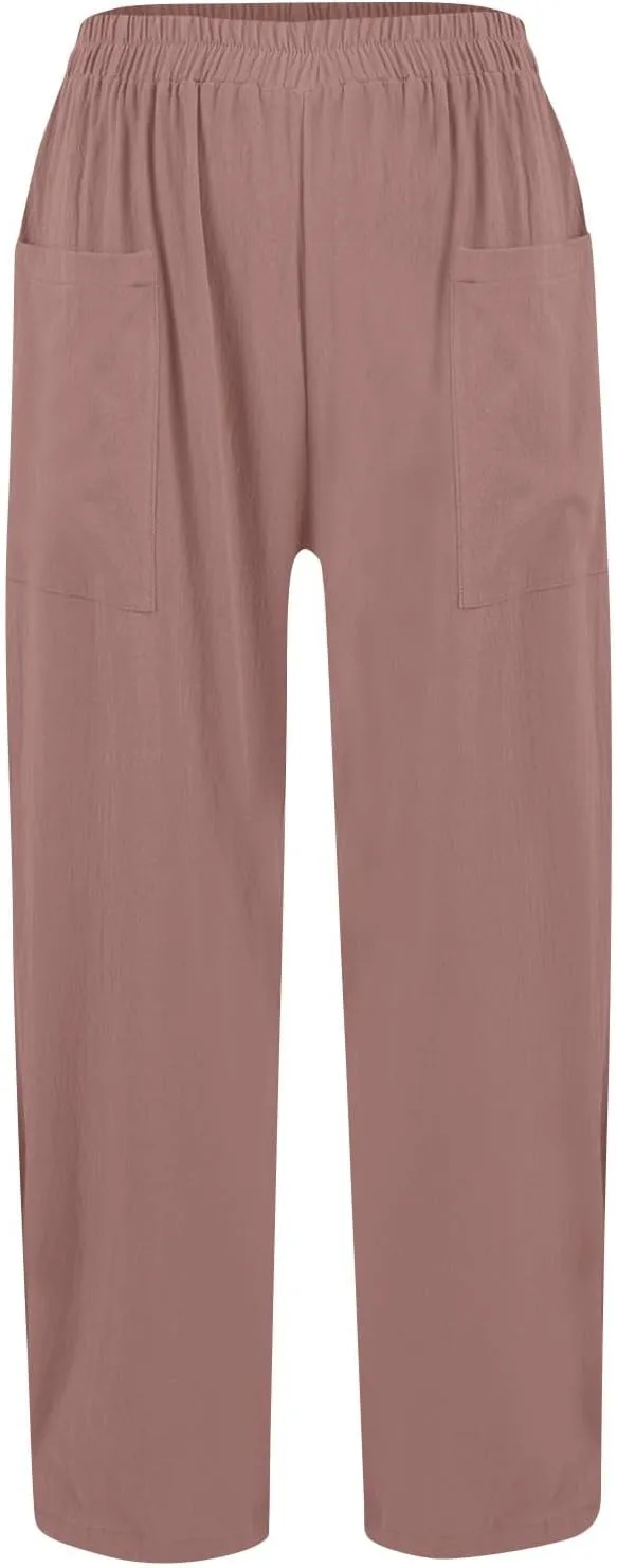 Women Linen Palazzo Pants Summer Boho Wide Leg High Waist Drawstring Casual High Waist Lounge Pant Trousers Pockets
