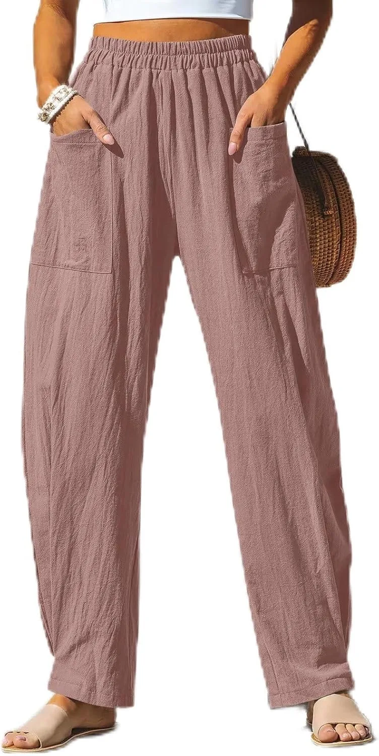 Women Linen Palazzo Pants Summer Boho Wide Leg High Waist Drawstring Casual High Waist Lounge Pant Trousers Pockets