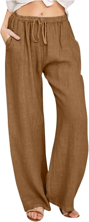 Women Linen Summer Boho Palazzo Lounge Pants Elastic Waisted Ankle Length Plus Size Trouser Work Business