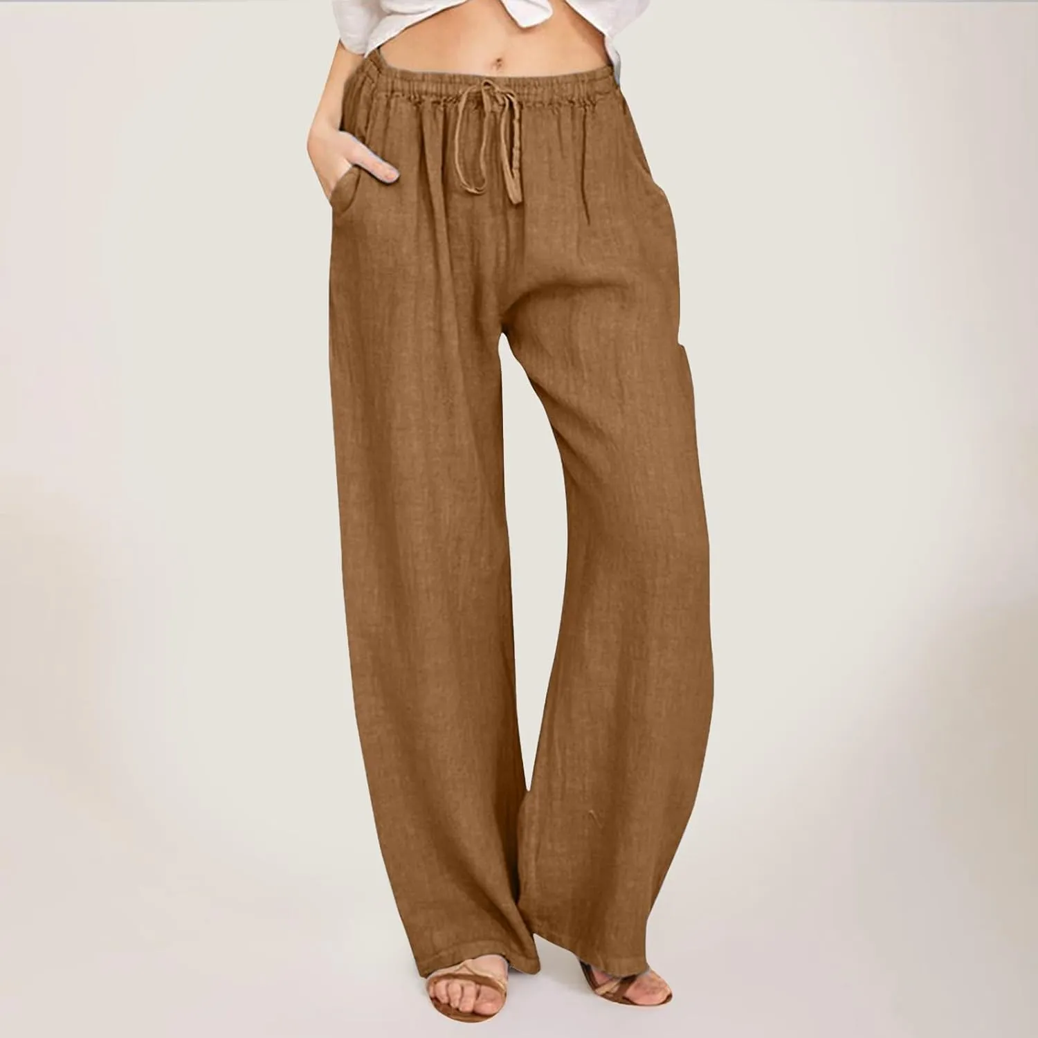 Women Linen Summer Boho Palazzo Lounge Pants Elastic Waisted Ankle Length Plus Size Trouser Work Business