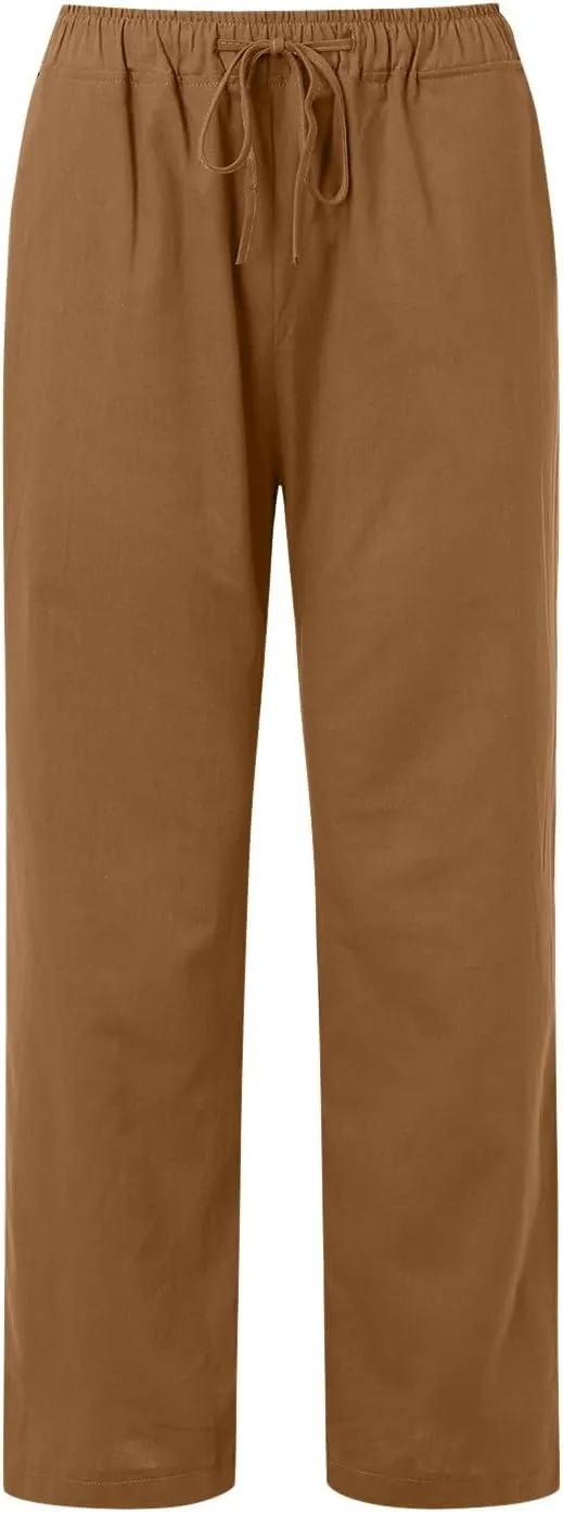 Women Linen Summer Boho Palazzo Lounge Pants Elastic Waisted Ankle Length Plus Size Trouser Work Business