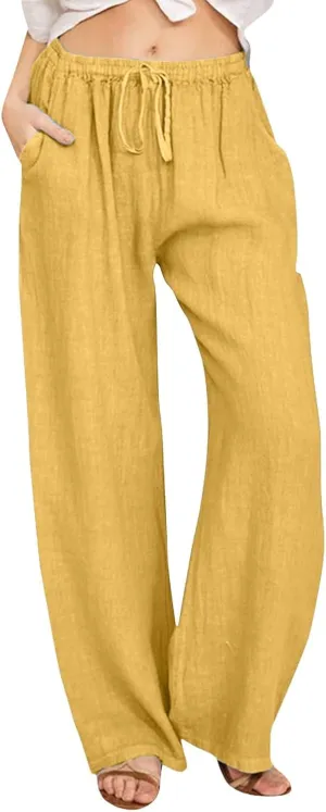 Women Linen Summer Boho Palazzo Lounge Pants Elastic Waisted Ankle Length Plus Size Trouser Work Business