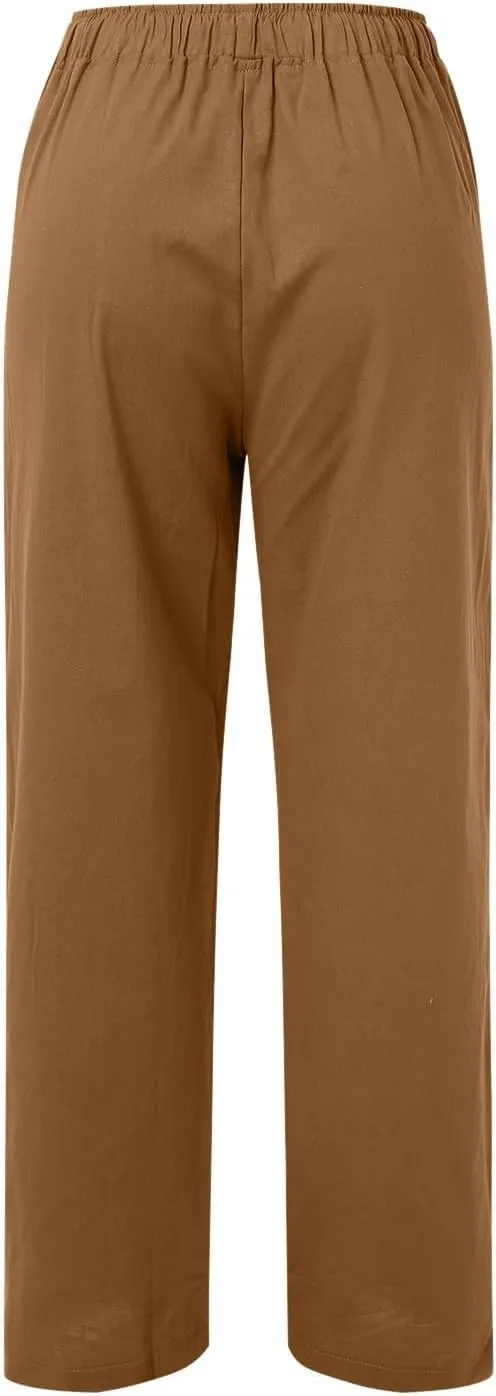 Women Linen Summer Boho Palazzo Lounge Pants Elastic Waisted Ankle Length Plus Size Trouser Work Business