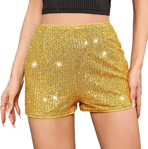 Women Sequin Shorts High Waist Elastic Sparkly Straight Leg Short Glitter Sparkle Hot Pants Party Outfits