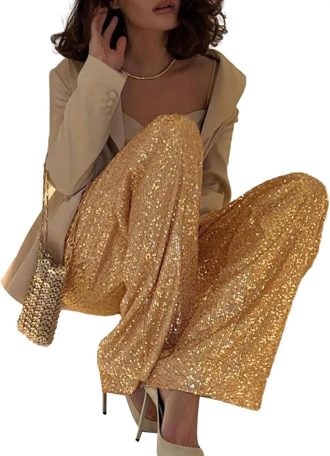 Women Sequins Trousers Wide Leg Shiny Loose Casual Elastic High Waist Glitter Hot Pants Concert Outfits