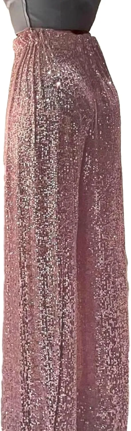 Women Sequins Trousers Wide Leg Shiny Loose Casual Elastic High Waist Glitter Hot Pants Concert Outfits