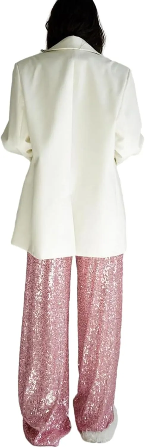 Women Sequins Trousers Wide Leg Shiny Loose Casual Elastic High Waist Glitter Hot Pants Concert Outfits